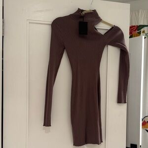 NBD Ribbed Long Sleeve Dress - Brown